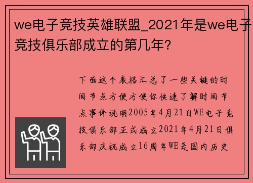 we电子竞技英雄联盟_2021年是we电子竞技俱乐部成立的第几年？